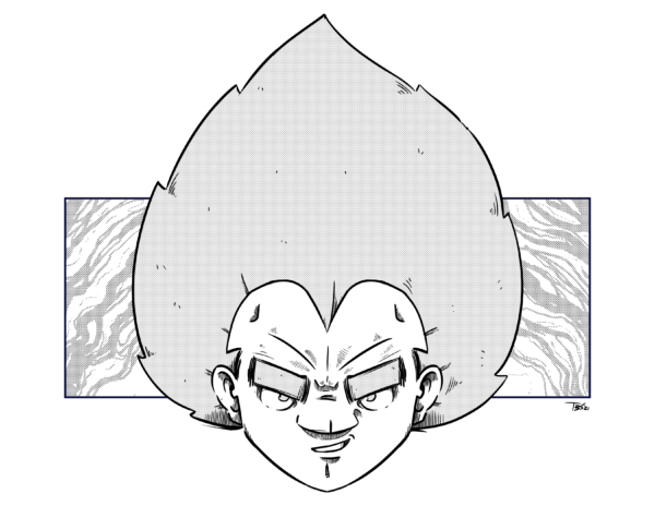 illustrated print of Vegeta from Dragonball z in black and white