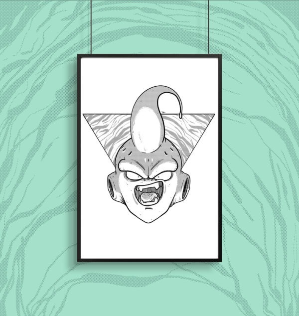 framed black and white print of kid buu from dragonball z