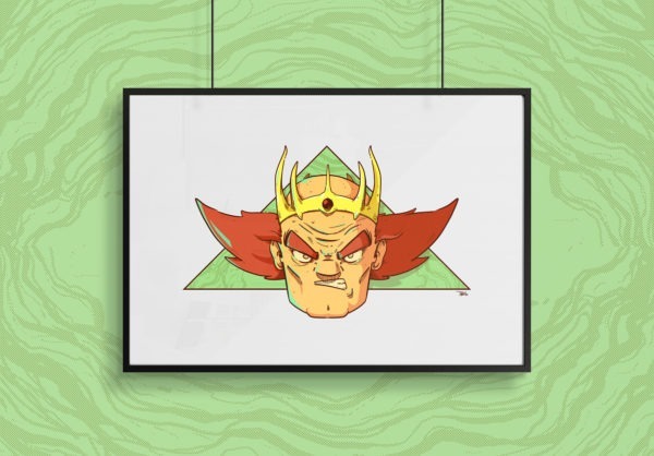 framed print of an angry king in bright neon colors