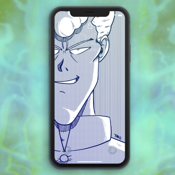 phone with an illustration of kuwabara as the backgorund