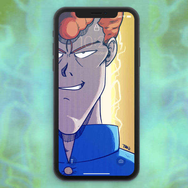 phone with a background illustration of kuwabara