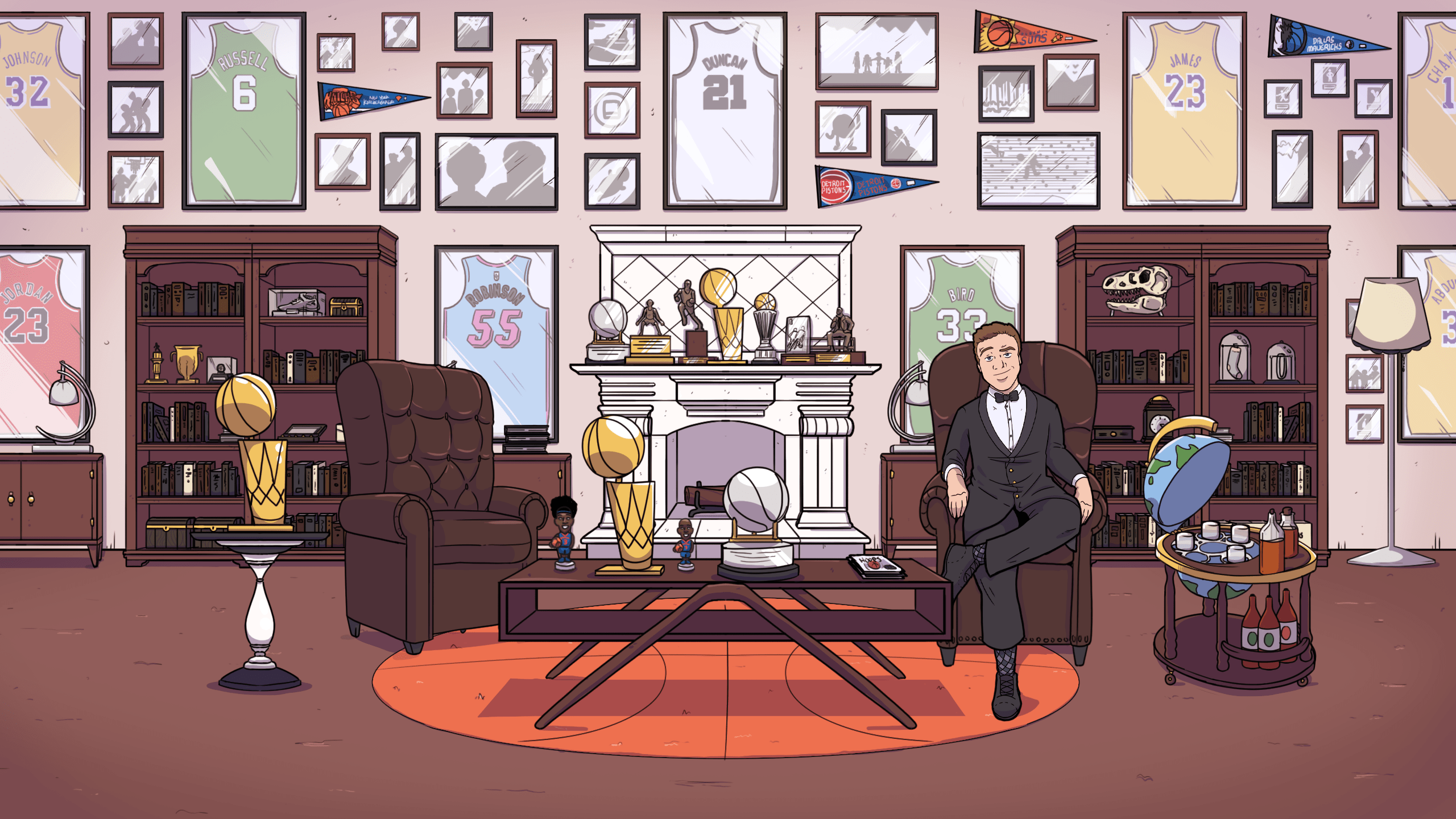 illustration of a man sitting in a den with a lot of basketball stuff on the walls