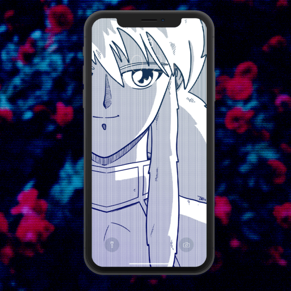 black and white illustration of kurama mocked up as a phone background