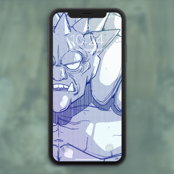 Phone mockup with a black and white illustration of Genbu from Yu Yu hakusho