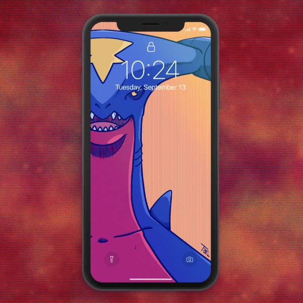 phone mockup with an illustration of garchomp from pokemon as the wallpaper