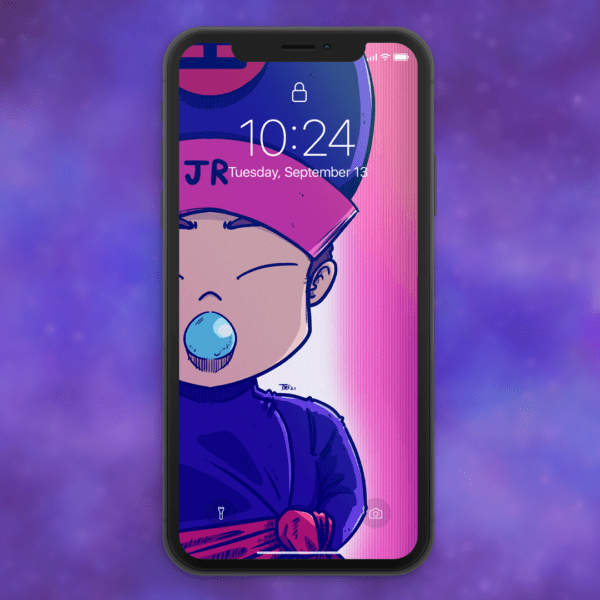 smart phone mockup with an illustration of koenma from yu yu hakusho as the wallpaper