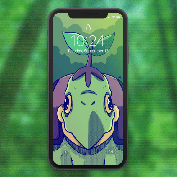 phone mockup with a turtwig pokemon wallpaper