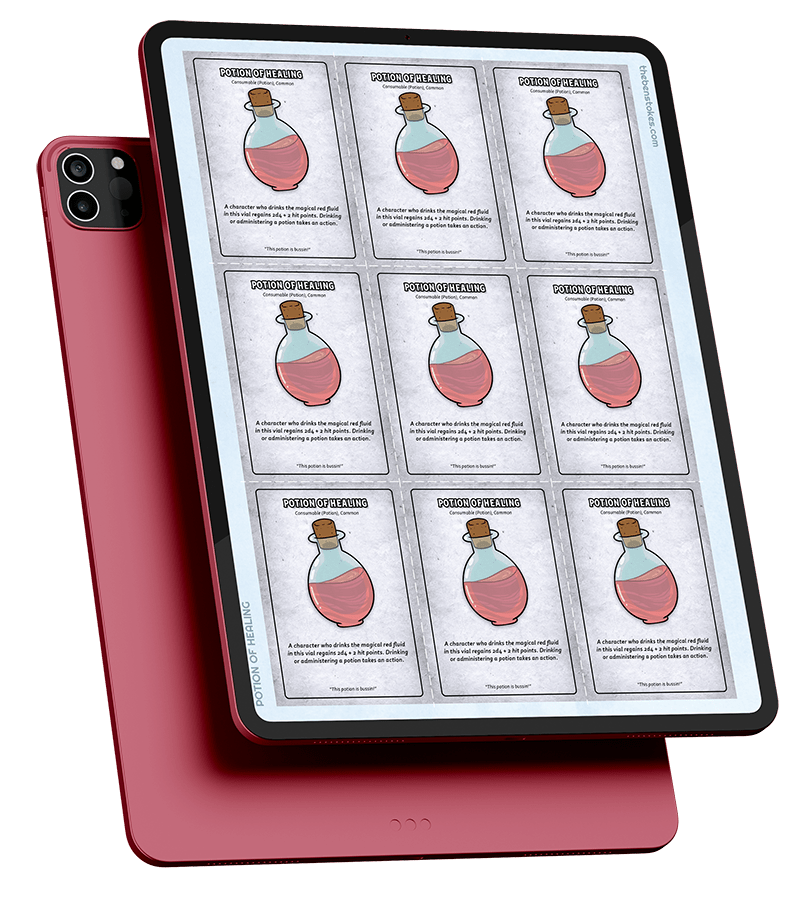 mockup of a sheet of printable potion of healing cards on an ipad