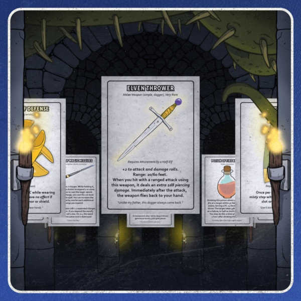 Illustrated dungeons and dragons item card of elven thrower