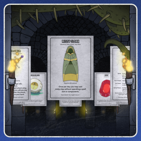 Illustrated dungeons and dragons item card of the misty cloak
