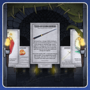 Illustrated dungeons and dragons item card of the wand of magic missiles